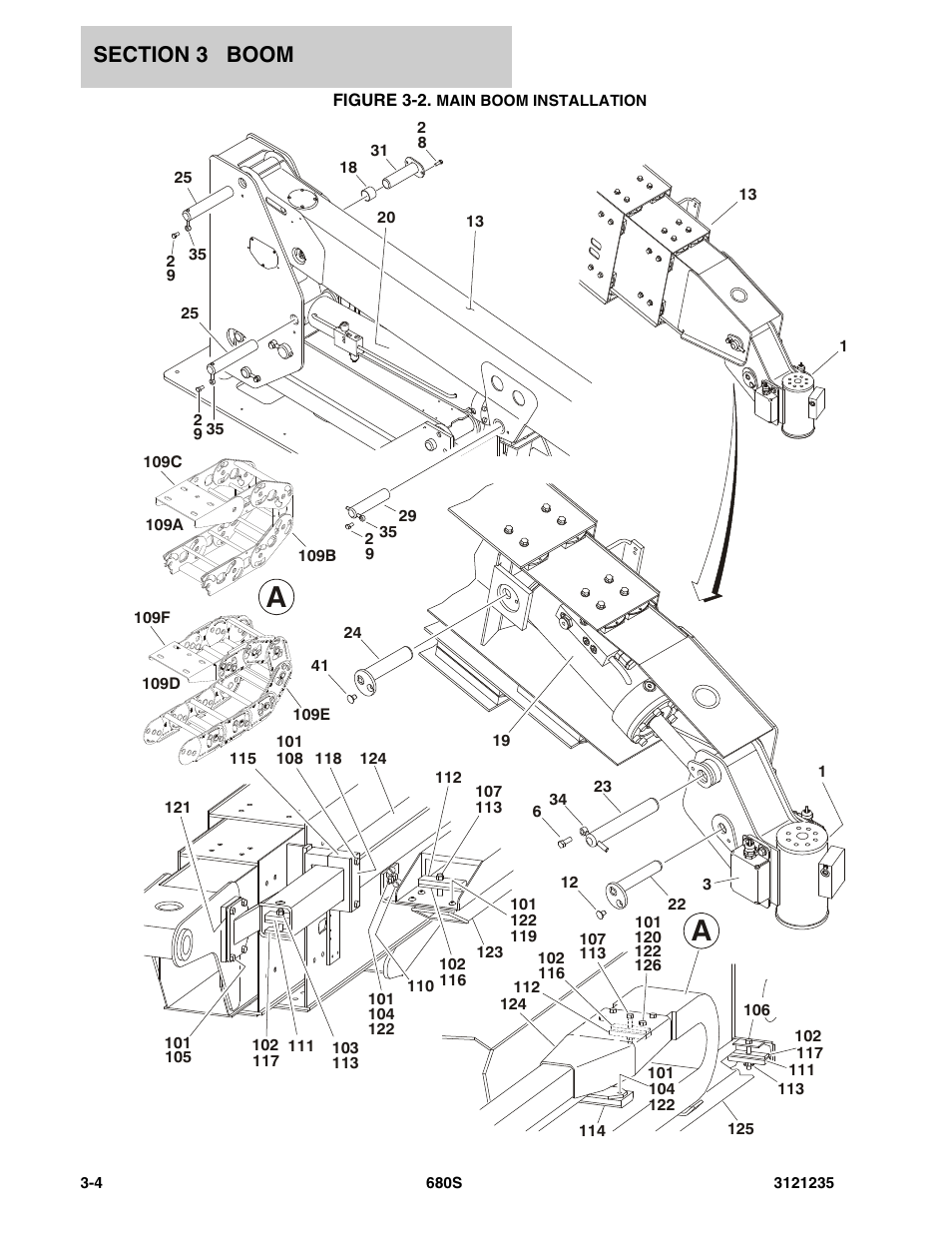 Figure 3-2. main boom installation | JLG 680S Parts Manual User Manual | Page 146 / 272