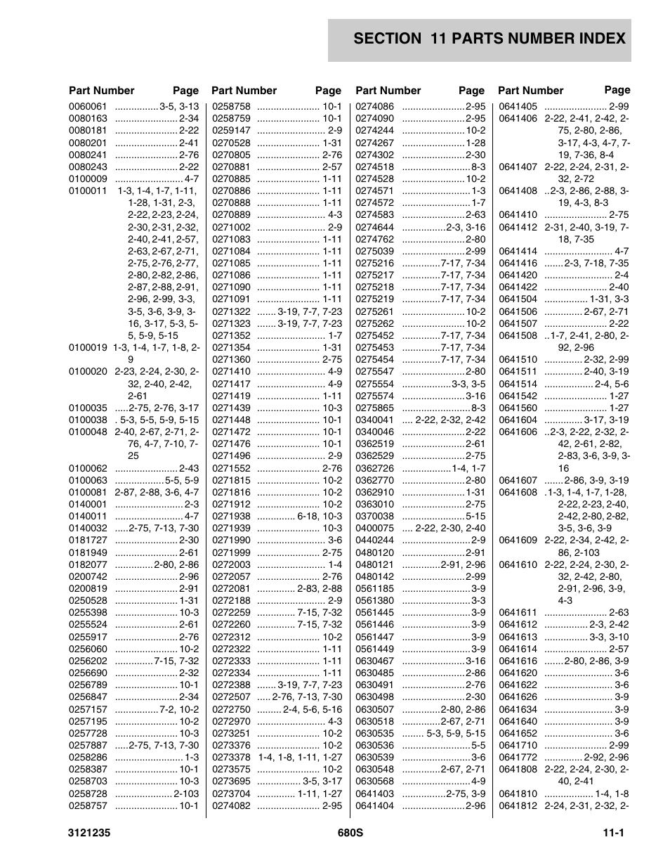 Section 11 parts number index, 11 - parts number index -1 | JLG 680S Parts Manual User Manual | Page 259 / 272