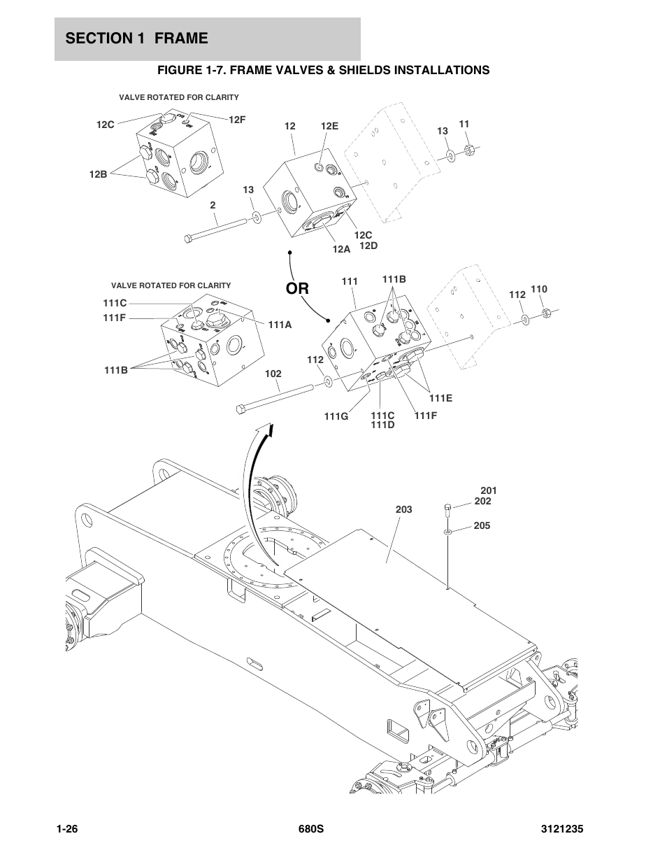 Figure 1-7. frame valves & shields installations, Fram | JLG 680S Parts Manual User Manual | Page 32 / 272