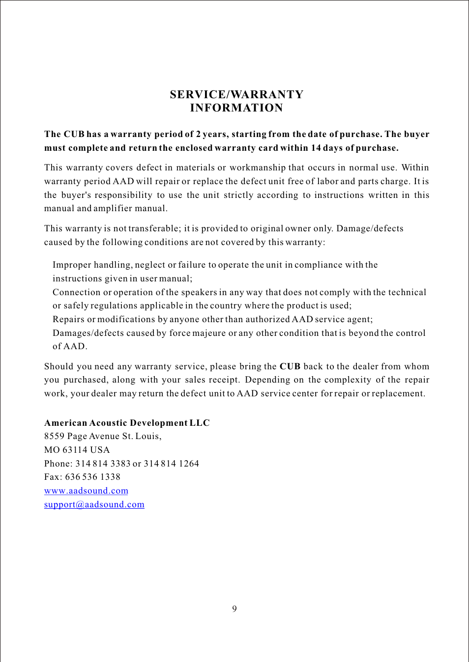 Т³гж 10, Service/warranty information | American Acoustic Development THE CUB CUB AG-100 User Manual | Page 10 / 11