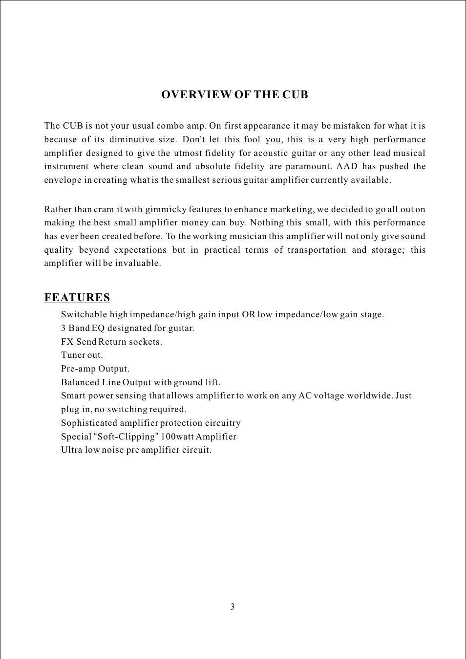 Т³гж 4, Overview of the cub, Features | American Acoustic Development THE CUB CUB AG-100 User Manual | Page 4 / 11