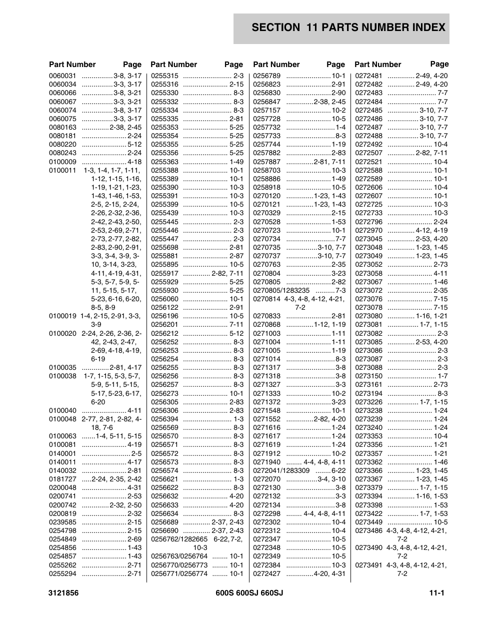 Section 11 parts number index, 11 - parts number index -1 | JLG 660SJ Parts Manual User Manual | Page 297 / 310