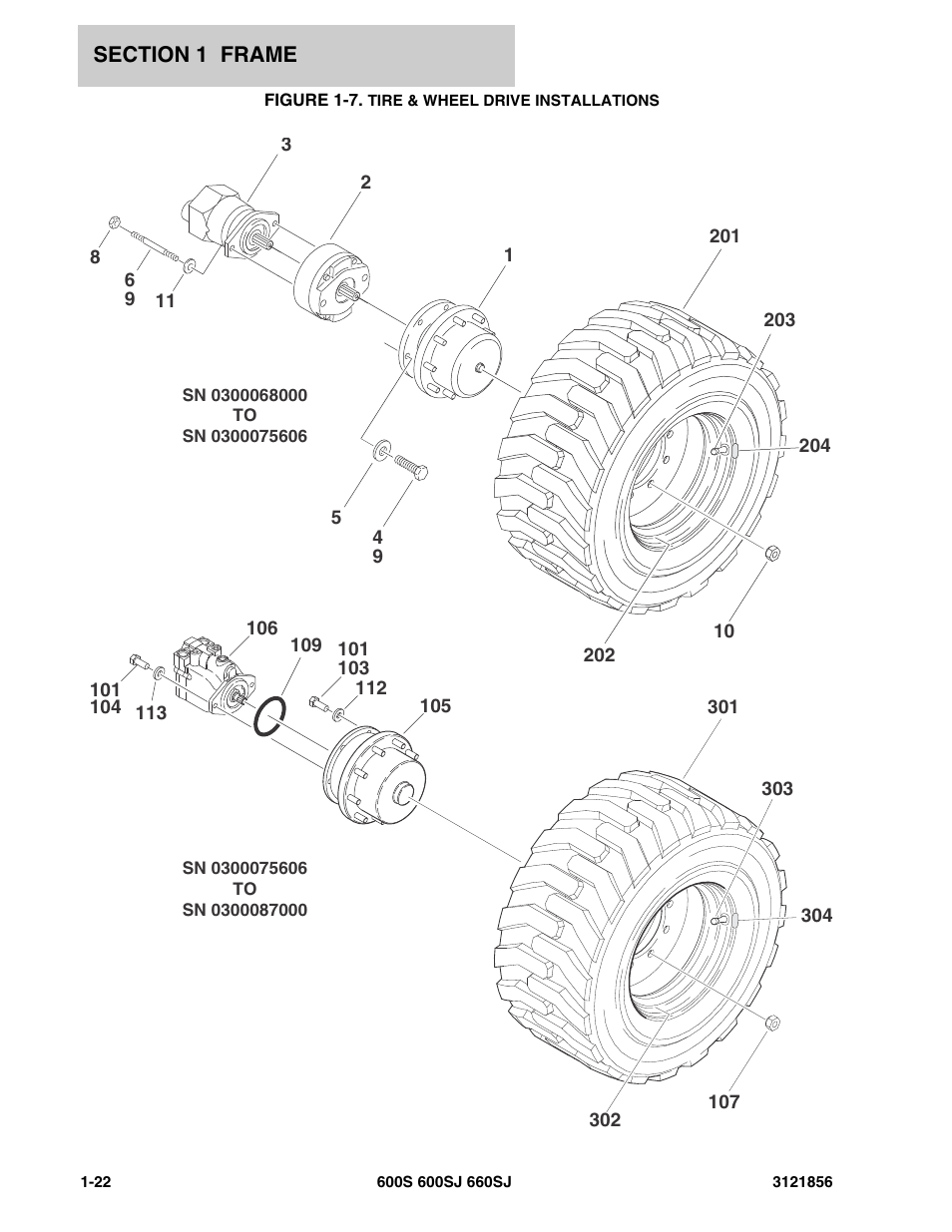 Figure 1-7. tire & wheel drive installations, Tire | JLG 660SJ Parts Manual User Manual | Page 30 / 310