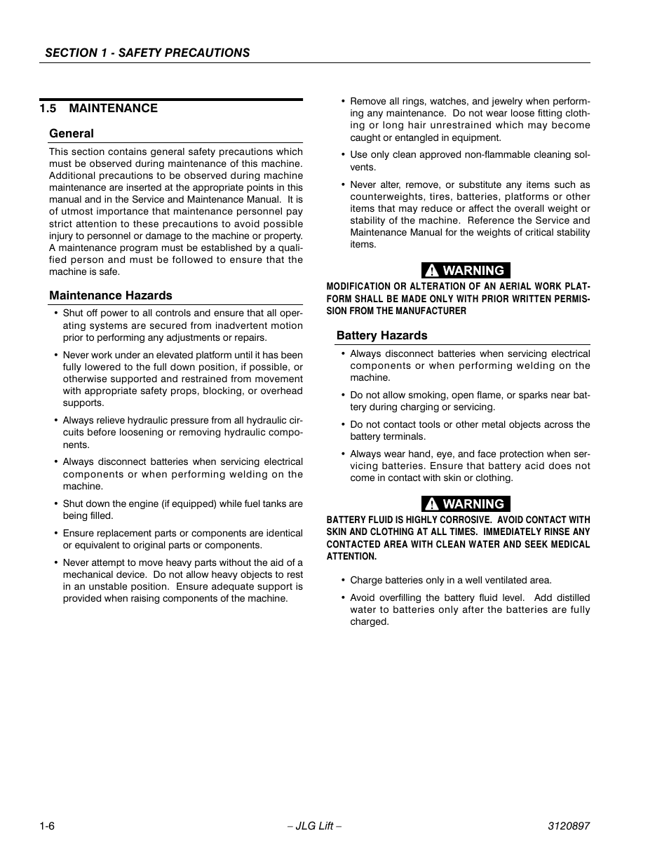 5 maintenance, General, Maintenance hazards | Battery hazards, Maintenance -6 | JLG 600SC_660SJC Operator Manual User Manual | Page 14 / 74