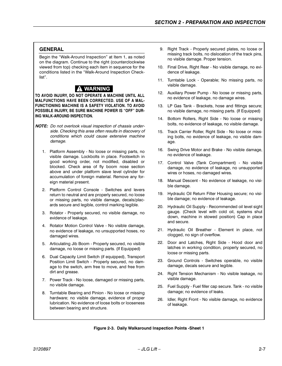 Daily walkaround inspection points -sheet 1 -7 | JLG 600SC_660SJC Operator Manual User Manual | Page 21 / 74