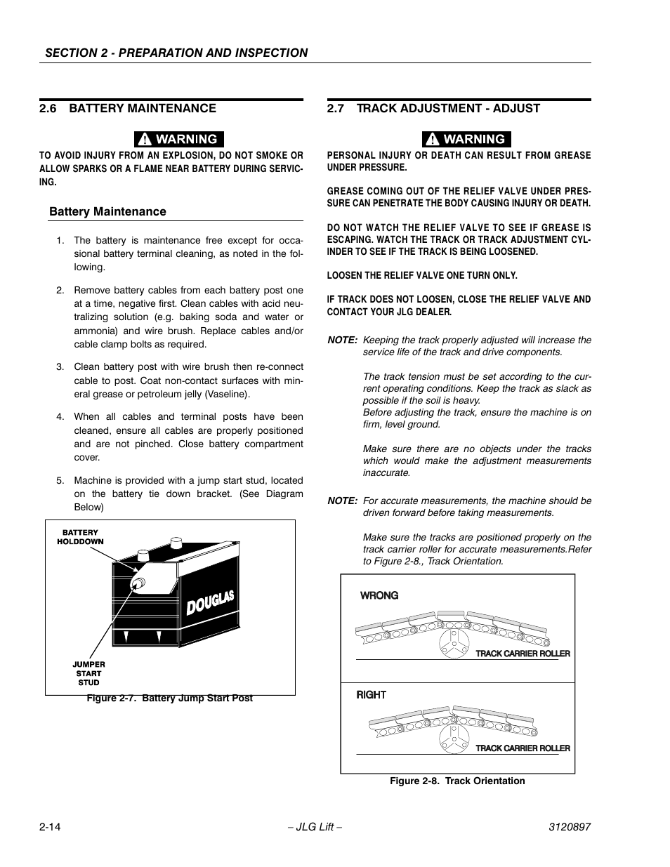 6 battery maintenance, Battery maintenance, 7 track adjustment - adjust | Battery maintenance -14, Track adjustment - adjust -14, Battery jump start post -14, Track orientation -14 | JLG 600SC_660SJC Operator Manual User Manual | Page 28 / 74