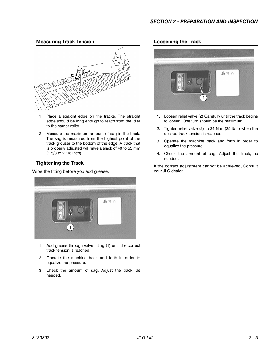 Measuring track tension, Tightening the track, Loosening the track | JLG 600SC_660SJC Operator Manual User Manual | Page 29 / 74