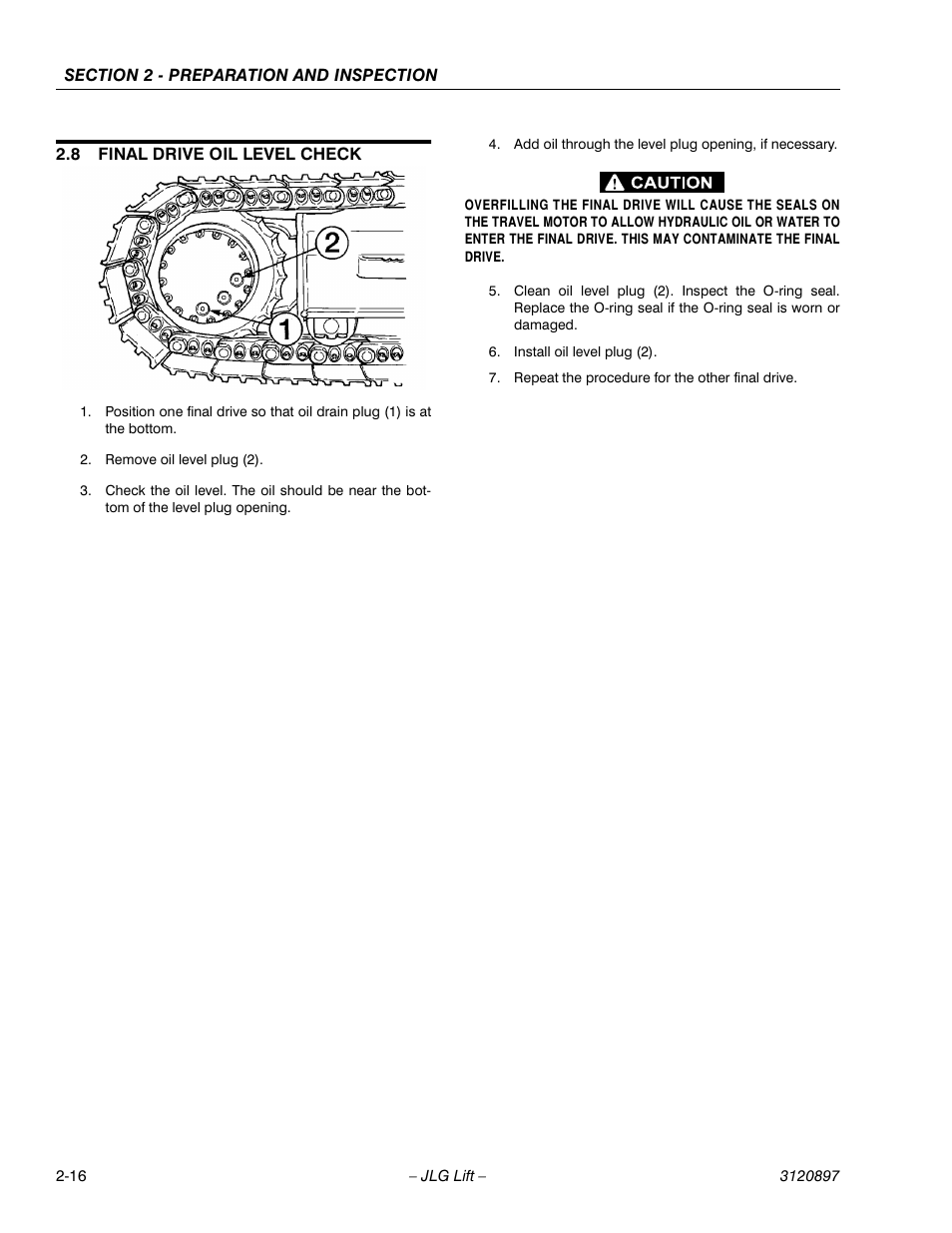 8 final drive oil level check, Final drive oil level check -16 | JLG 600SC_660SJC Operator Manual User Manual | Page 30 / 74