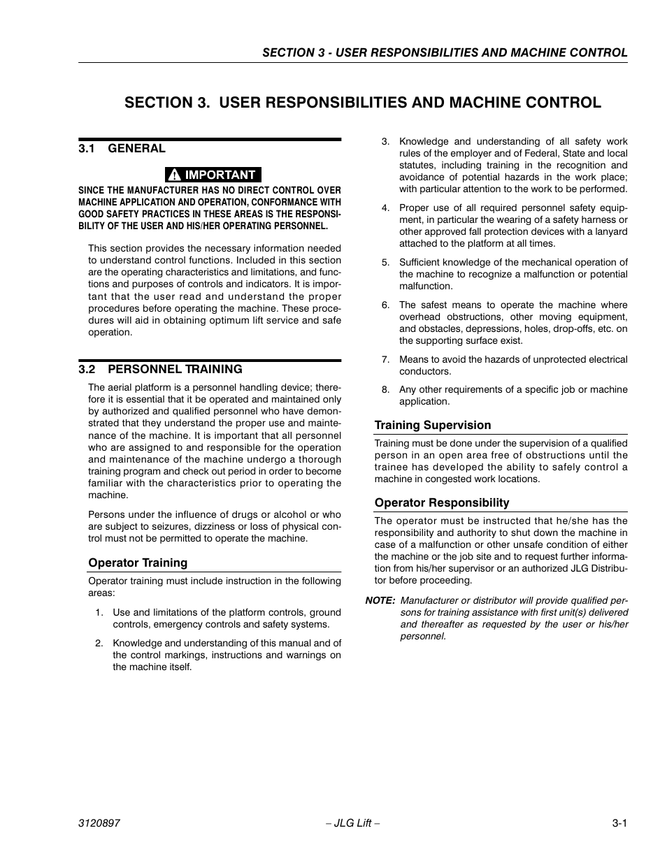 1 general, 2 personnel training, Operator training | Training supervision, Operator responsibility, General -1, Personnel training -1 | JLG 600SC_660SJC Operator Manual User Manual | Page 33 / 74