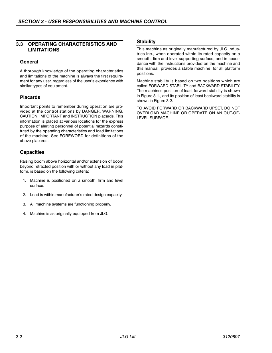 3 operating characteristics and limitations, General, Placards | Capacities, Stability, Operating characteristics and limitations -2 | JLG 600SC_660SJC Operator Manual User Manual | Page 34 / 74