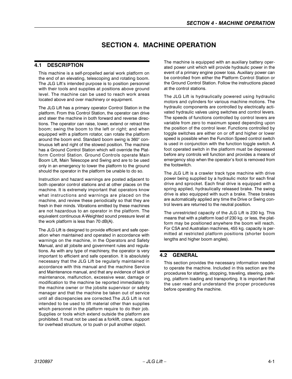 Section 4. machine operation, 1 description, 2 general | Section 4 - machine operation, Description -1, General -1 | JLG 600SC_660SJC Operator Manual User Manual | Page 55 / 74