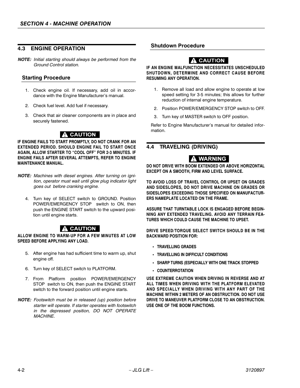 3 engine operation, Starting procedure, Shutdown procedure | 4 traveling (driving), Engine operation -2, Traveling (driving) -2 | JLG 600SC_660SJC Operator Manual User Manual | Page 56 / 74