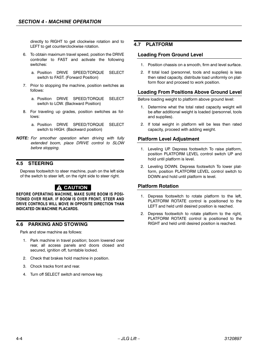 5 steering, 6 parking and stowing, 7 platform | Loading from ground level, Loading from positions above ground level, Platform level adjustment, Platform rotation, Steering -4, Parking and stowing -4, Platform -4 | JLG 600SC_660SJC Operator Manual User Manual | Page 58 / 74