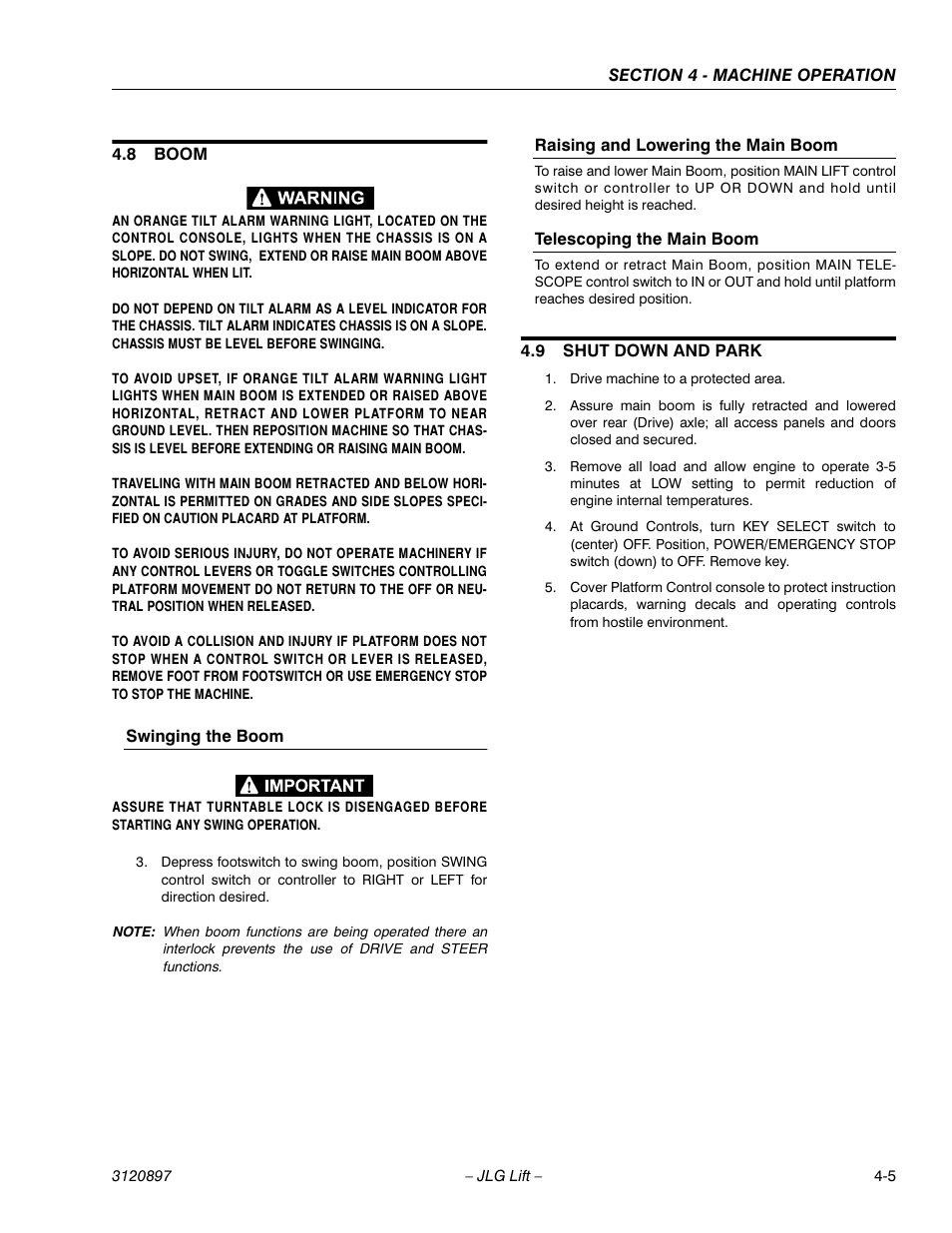 8 boom, Swinging the boom, Raising and lowering the main boom | Telescoping the main boom, 9 shut down and park, Boom -5, Shut down and park -5 | JLG 600SC_660SJC Operator Manual User Manual | Page 59 / 74