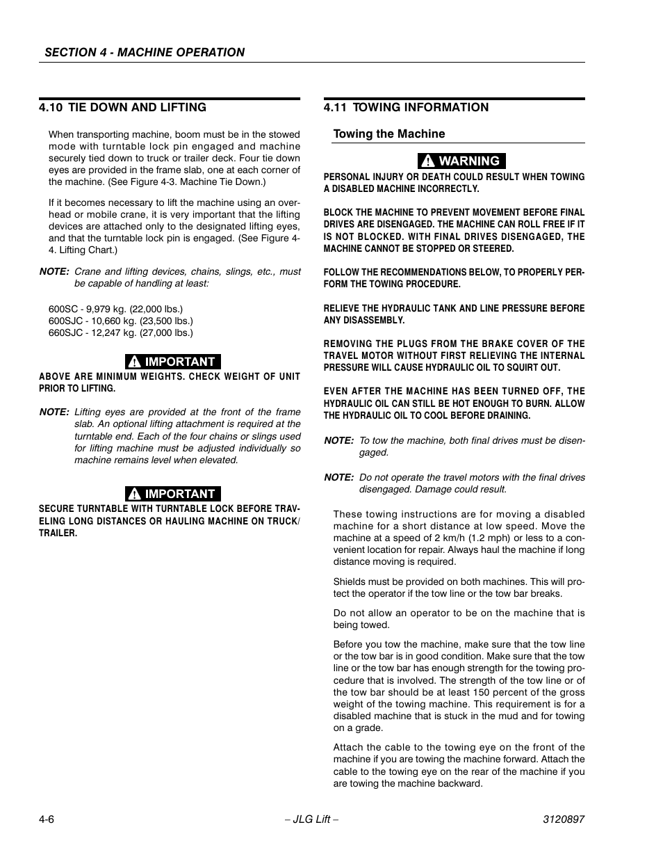 10 tie down and lifting, 11 towing information, Towing the machine | Tie down and lifting -6, Towing information -6 | JLG 600SC_660SJC Operator Manual User Manual | Page 60 / 74
