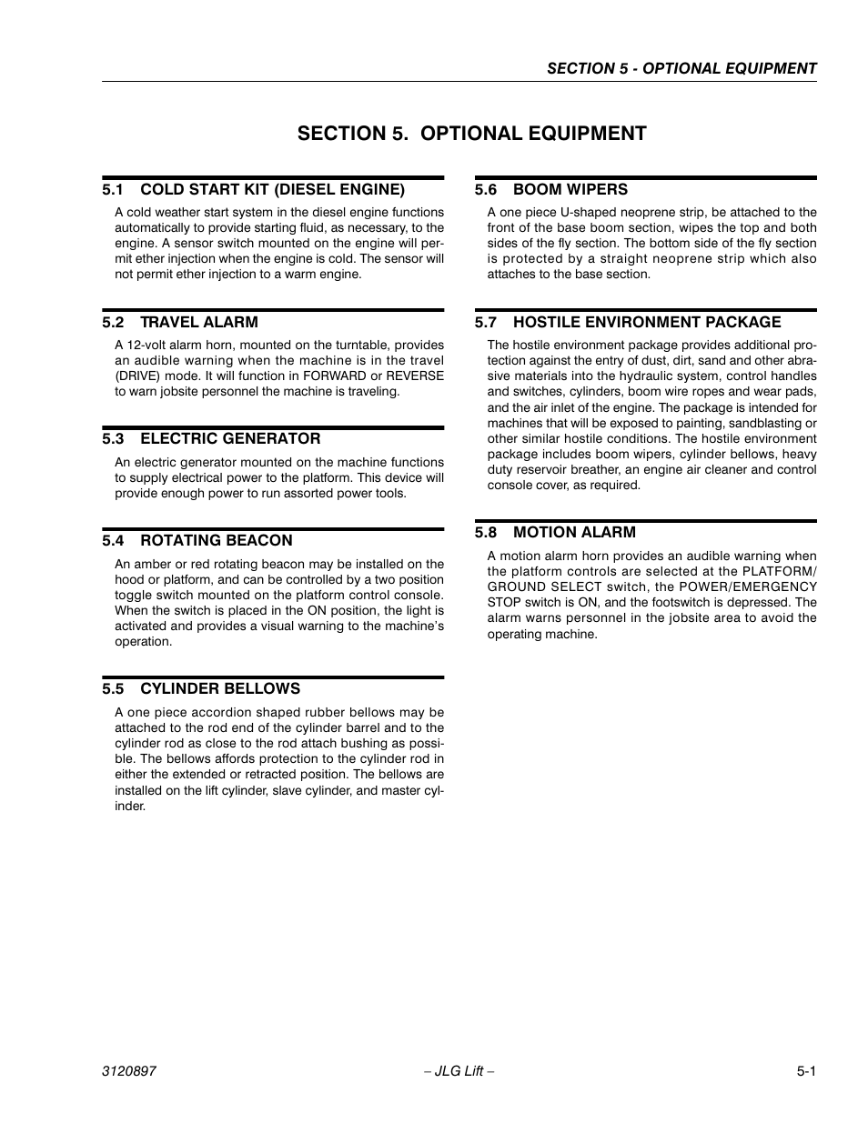 Section 5. optional equipment, 1 cold start kit (diesel engine), 2 travel alarm | 3 electric generator, 4 rotating beacon, 5 cylinder bellows, 6 boom wipers, 7 hostile environment package, 8 motion alarm, Section 5 - optional equipment | JLG 600SC_660SJC Operator Manual User Manual | Page 65 / 74