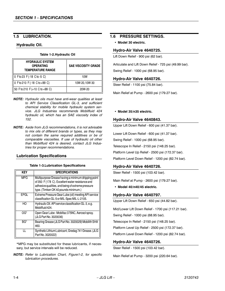 5 lubrication, 6 pressure settings, Lubrication -4 | Pressure settings -4, Hydraulic oil -4, Lubrication specifications -4 | JLG 45e ANSI Service Manual User Manual | Page 12 / 104