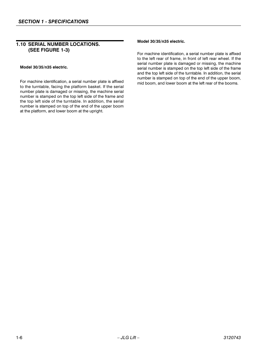 10 serial number locations. (see figure 1-3), Serial number locations. (see figure 1-3) -6 | JLG 45e ANSI Service Manual User Manual | Page 14 / 104