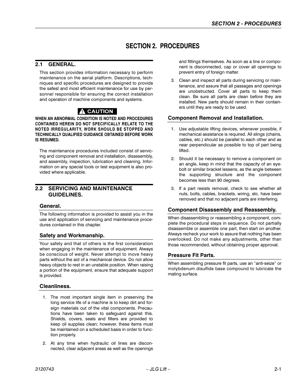 Section 2. procedures, 1 general, 2 servicing and maintenance guidelines | Section 2 - procedures, General -1, Servicing and maintenance guidelines -1 | JLG 45e ANSI Service Manual User Manual | Page 25 / 104