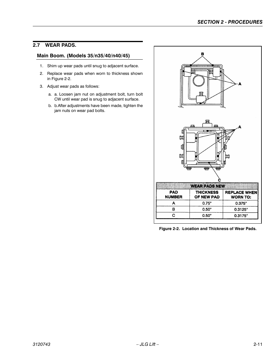 7 wear pads, Wear pads -11, Location and thickness of wear pads -11 | JLG 45e ANSI Service Manual User Manual | Page 35 / 104