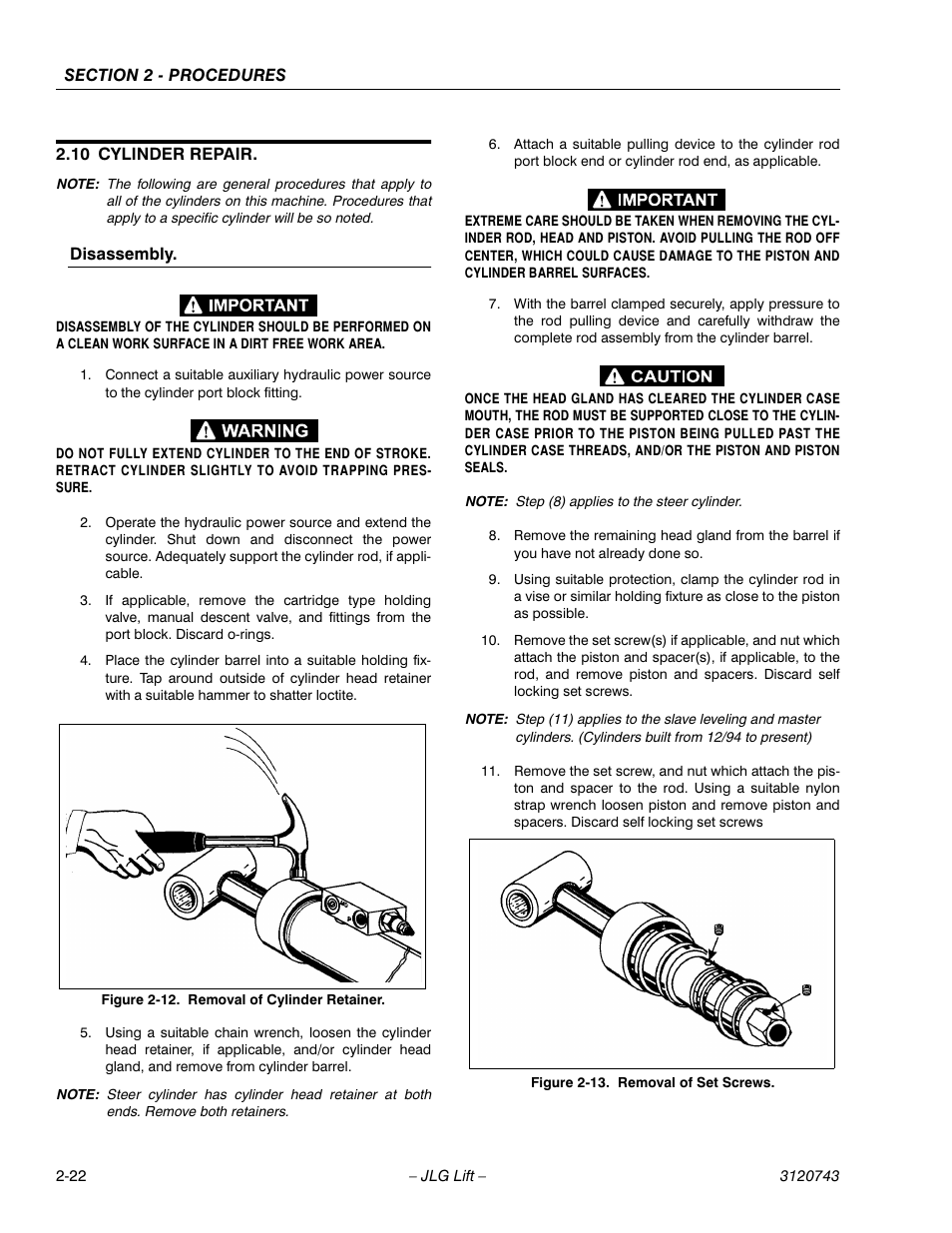 10 cylinder repair, Cylinder repair -22, Removal of cylinder retainer -22 | Removal of set screws -22 | JLG 45e ANSI Service Manual User Manual | Page 46 / 104