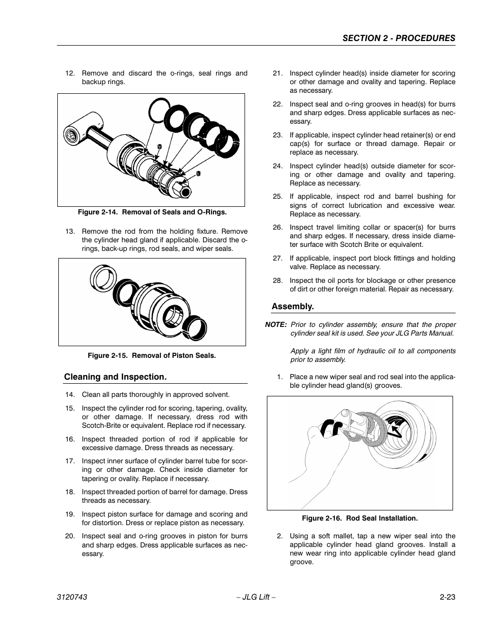 Removal of seals and o-rings -23, Removal of piston seals -23, Rod seal installation -23 | JLG 45e ANSI Service Manual User Manual | Page 47 / 104