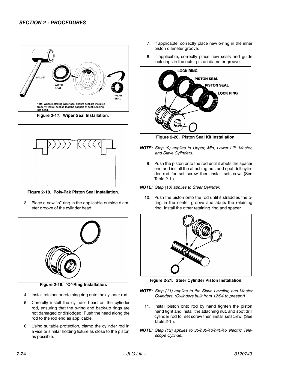 Wiper seal installation -24, Poly-pak piston seal installation -24, O"-ring installation -24 | Piston seal kit installation -24, Steer cylinder piston installation -24 | JLG 45e ANSI Service Manual User Manual | Page 48 / 104
