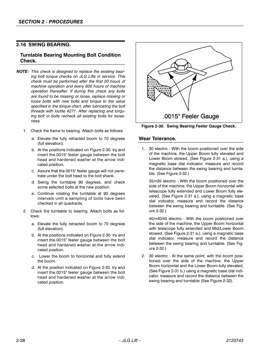 16 swing bearing, Swing bearing -38, Swing bearing feeler gauge check -38 | JLG 45e ANSI Service Manual User Manual | Page 62 / 104