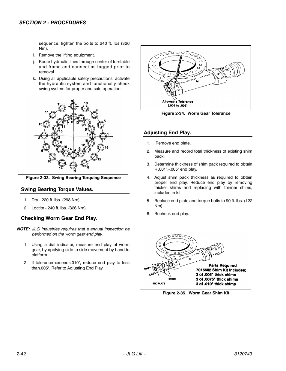 Swing bearing torquing sequence -42, Worm gear tolerance -42, Worm gear shim kit -42 | JLG 45e ANSI Service Manual User Manual | Page 66 / 104