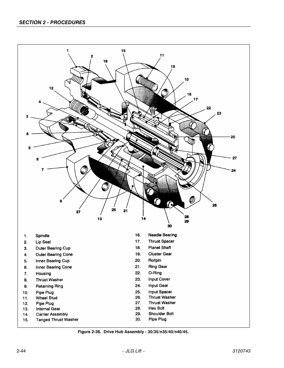 Drive hub assembly - 30/35/n35/40/n40/45 -44 | JLG 45e ANSI Service Manual User Manual | Page 68 / 104
