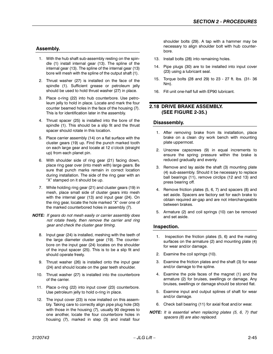 18 drive brake assembly. (see figure 2-35.), Drive brake assembly. (see figure 2-35.) -45 | JLG 45e ANSI Service Manual User Manual | Page 69 / 104