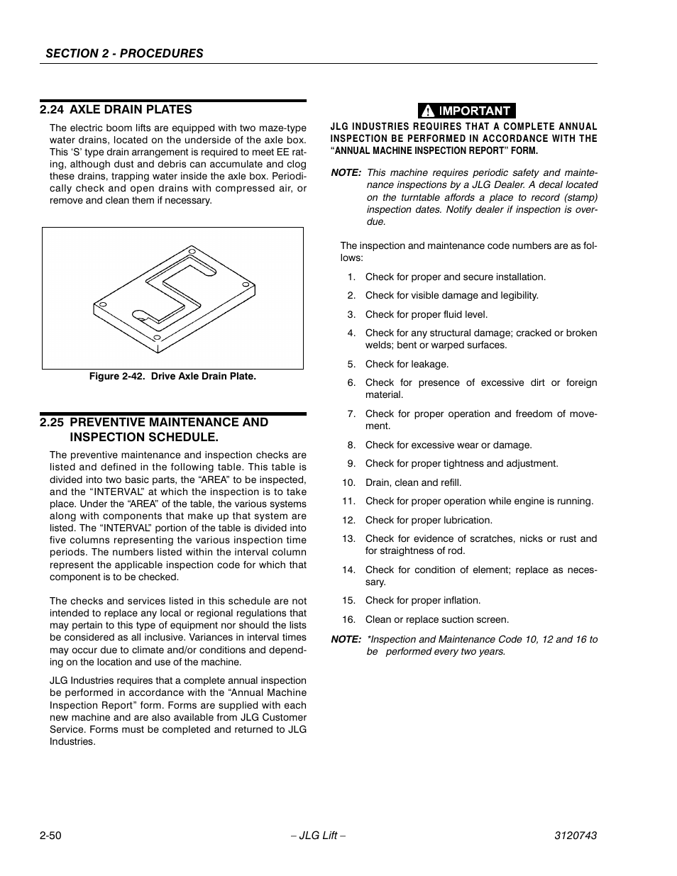 24 axle drain plates, 25 preventive maintenance and inspection schedule, Axle drain plates -50 | Preventive maintenance and inspection schedule -50, Drive axle drain plate -50 | JLG 45e ANSI Service Manual User Manual | Page 74 / 104