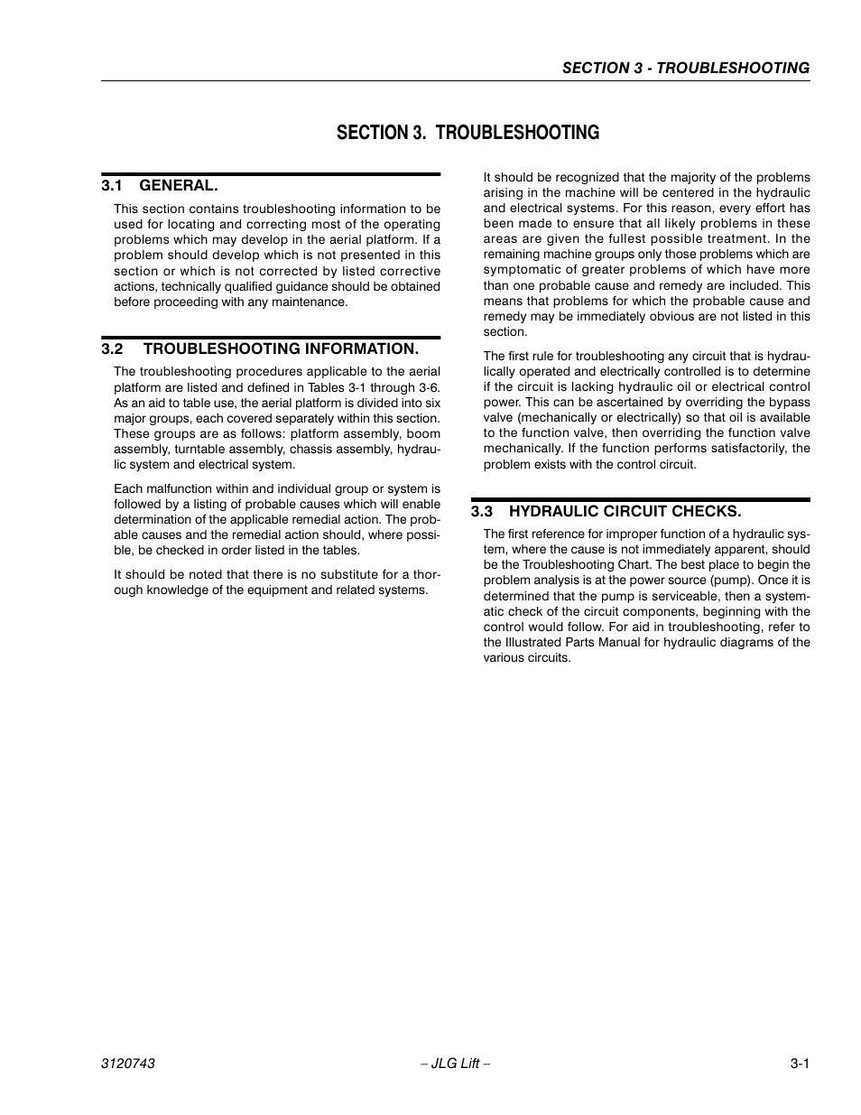 Section 3. troubleshooting, 1 general, 2 troubleshooting information | 3 hydraulic circuit checks, Section 3 - troubleshooting, General -1, Troubleshooting information -1, Hydraulic circuit checks -1 | JLG 45e ANSI Service Manual User Manual | Page 77 / 104