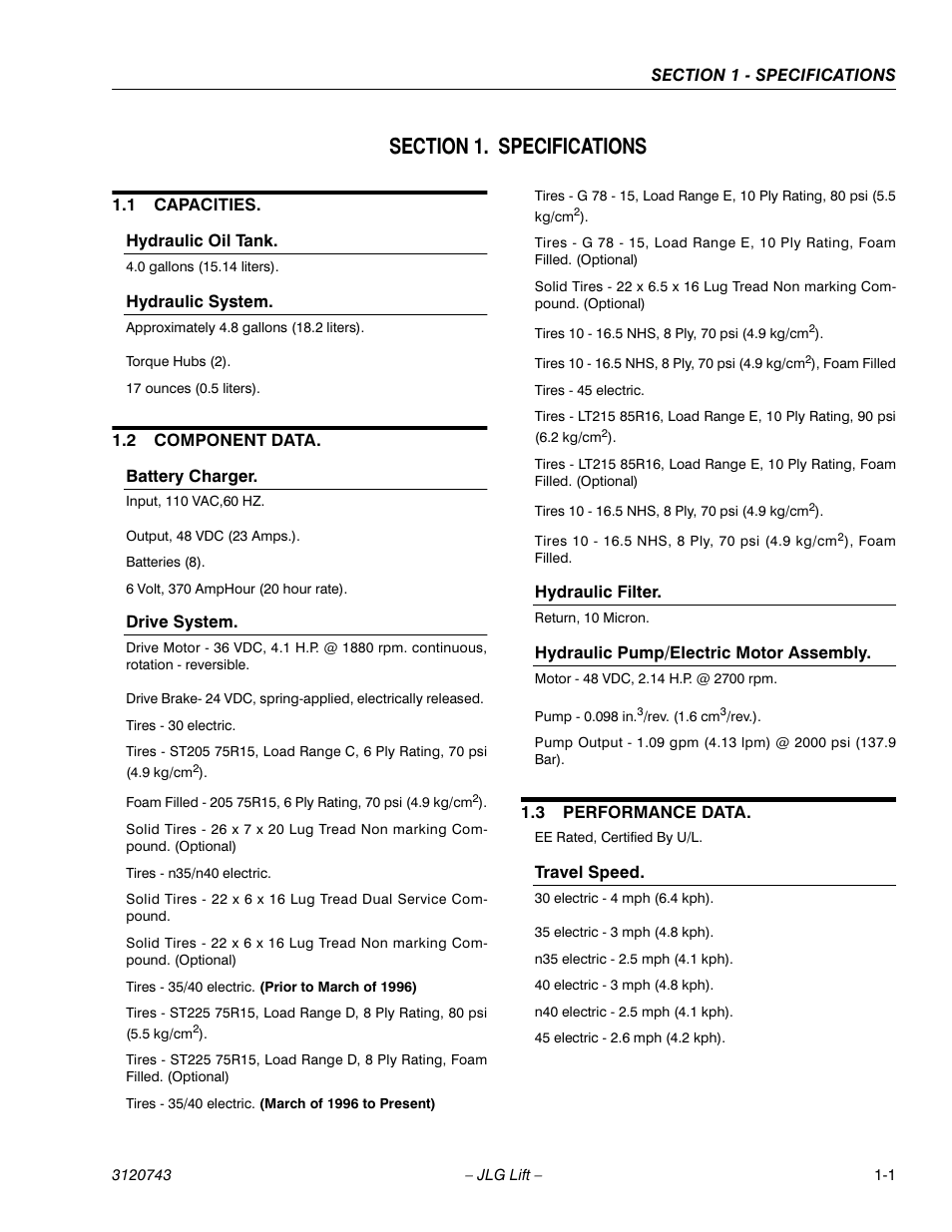 Section 1. specifications, 1 capacities, 2 component data | 3 performance data, Section 1 - specifications, Capacities -1, Component data -1, Performance data -1 | JLG 45e ANSI Service Manual User Manual | Page 9 / 104