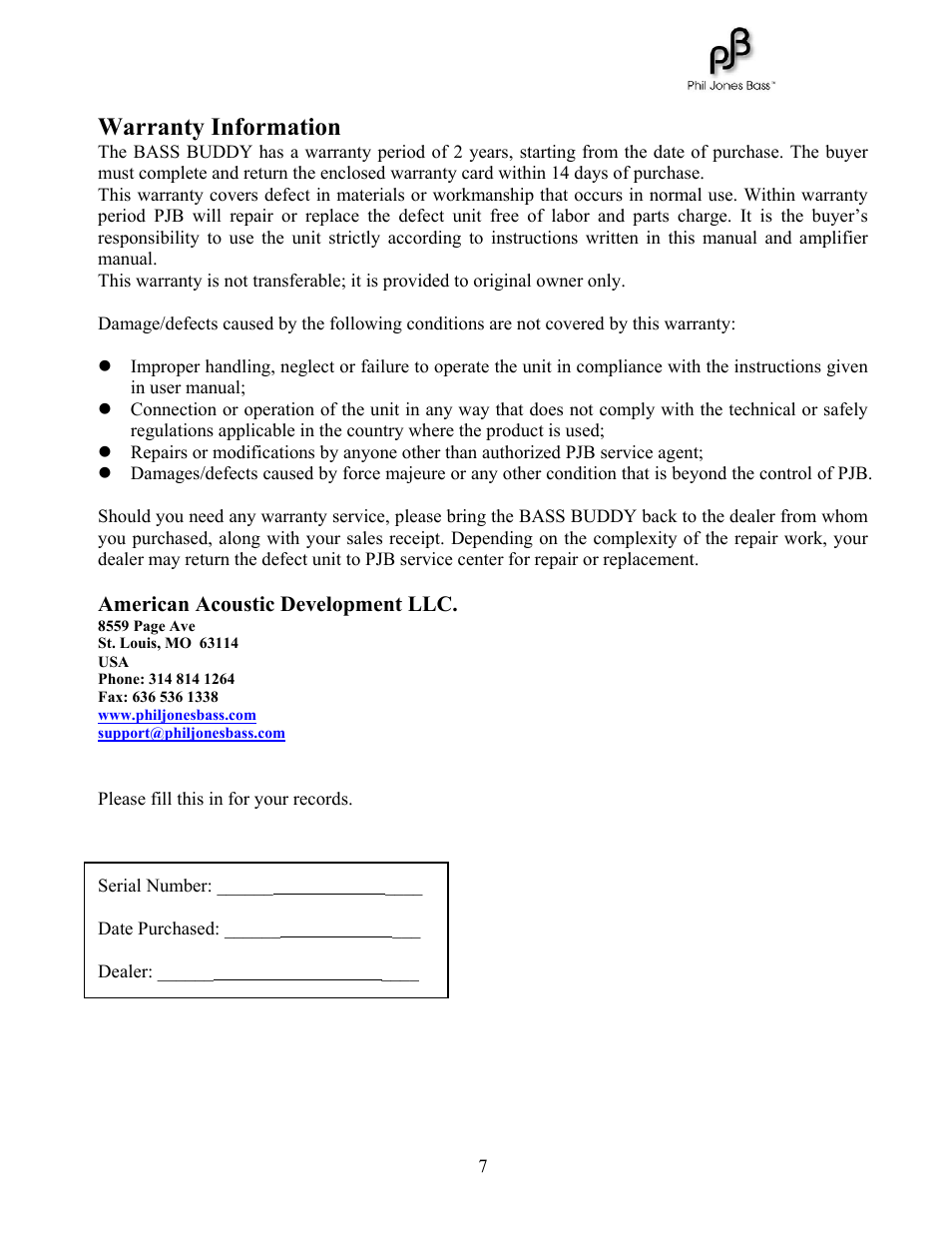 Warranty information | American Acoustic Development PJB BASS BUDDY User Manual | Page 8 / 8