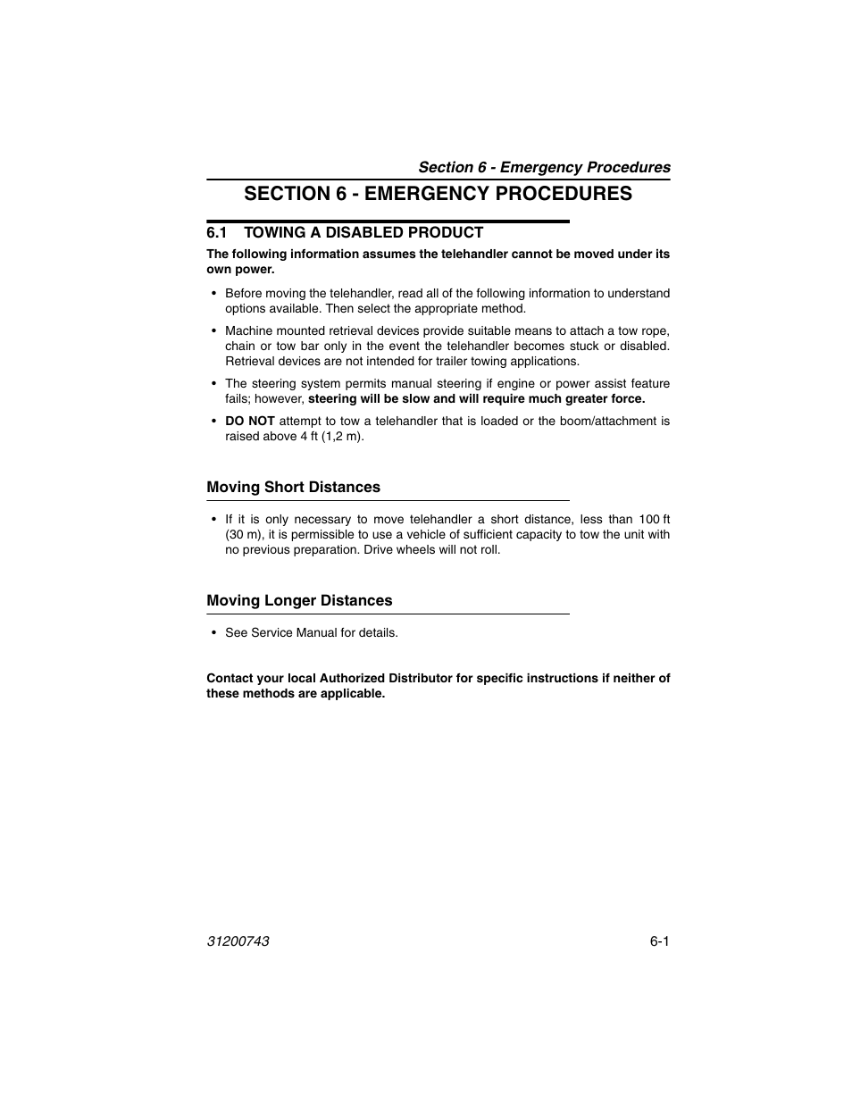 Section 6 - emergency procedures, 1 towing a disabled product, Moving short distances | Moving longer distances, 1 towing a disabled product -1 | JLG 2505H Operator Manual User Manual | Page 109 / 148