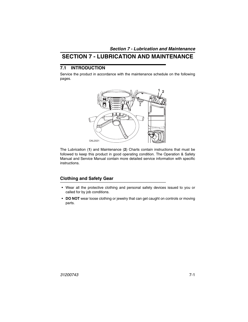 Section 7 - lubrication and maintenance, 1 introduction, Clothing and safety gear | 1 introduction -1, Clothing and safety gear -1 | JLG 2505H Operator Manual User Manual | Page 111 / 148