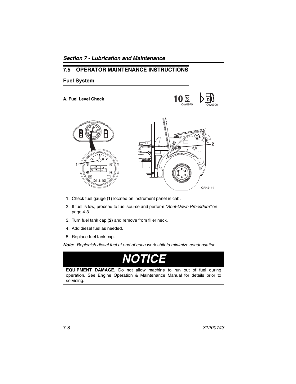 5 operator maintenance instructions, Fuel system, 5 operator maintenance instructions -8 | Fuel system -8, Notice | JLG 2505H Operator Manual User Manual | Page 118 / 148