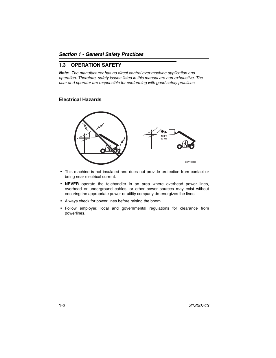 3 operation safety, Electrical hazards, 3 operation safety -2 | Electrical hazards -2 | JLG 2505H Operator Manual User Manual | Page 12 / 148