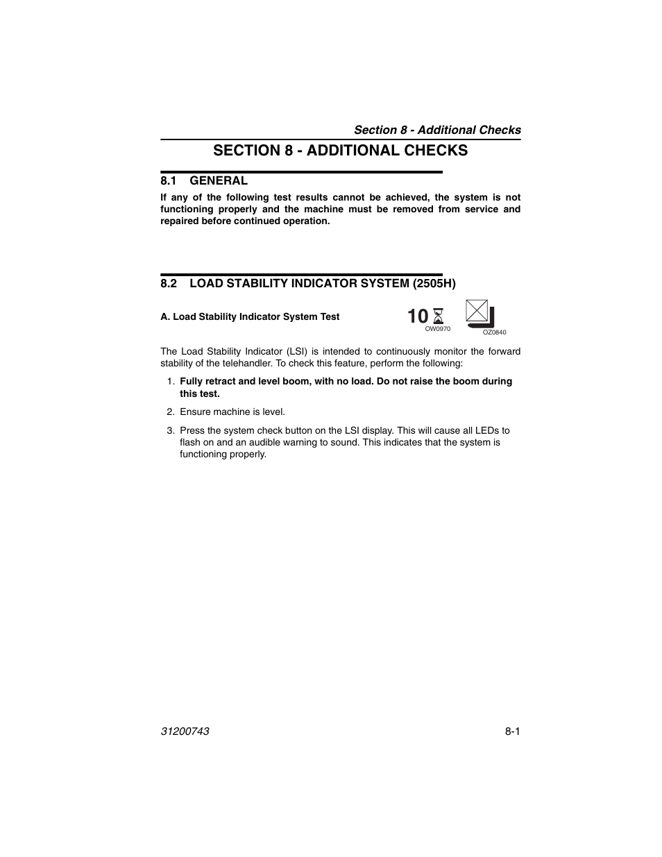 Section 8 - additional checks, 1 general, 2 load stability indicator system (2505h) | T. see section 8 - additional, Checks | JLG 2505H Operator Manual User Manual | Page 131 / 148