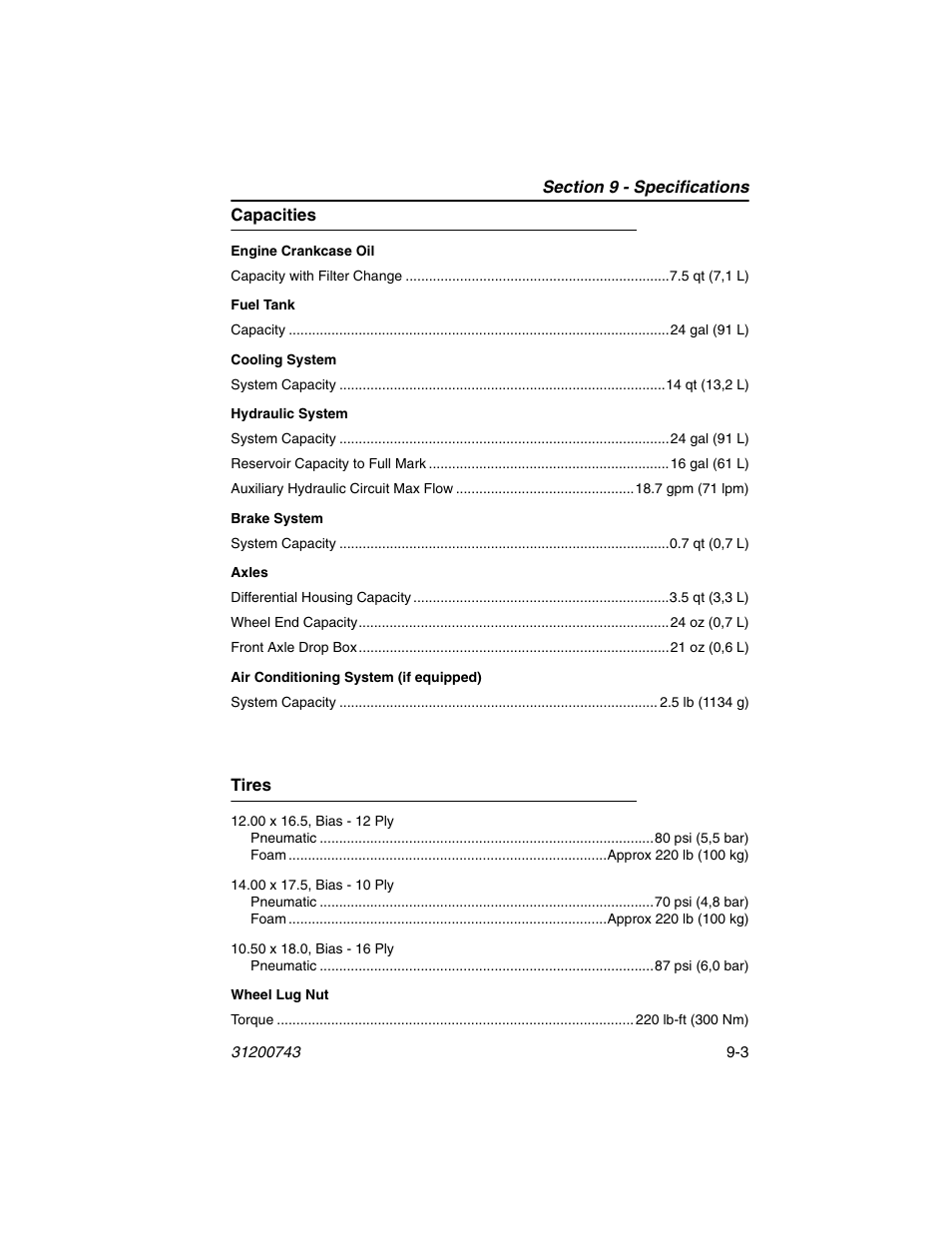 Capacities, Tires, Capacities -3 tires -3 | JLG 2505H Operator Manual User Manual | Page 135 / 148