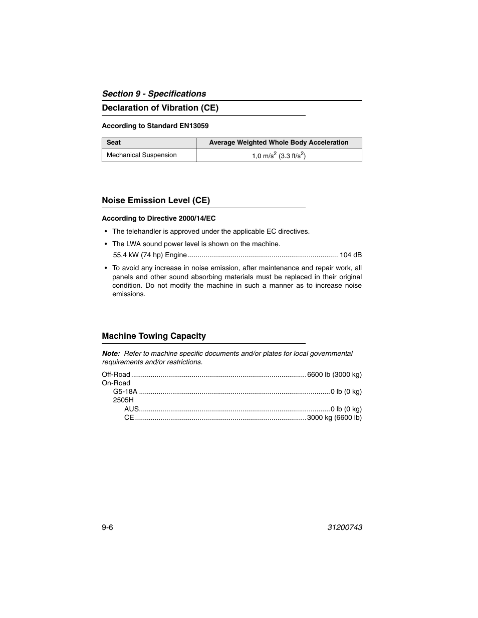 Declaration of vibration (ce), Noise emission level (ce), Machine towing capacity | JLG 2505H Operator Manual User Manual | Page 138 / 148