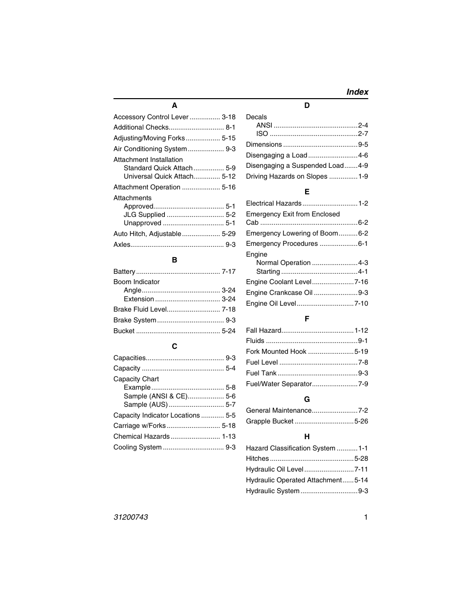 Index | JLG 2505H Operator Manual User Manual | Page 139 / 148