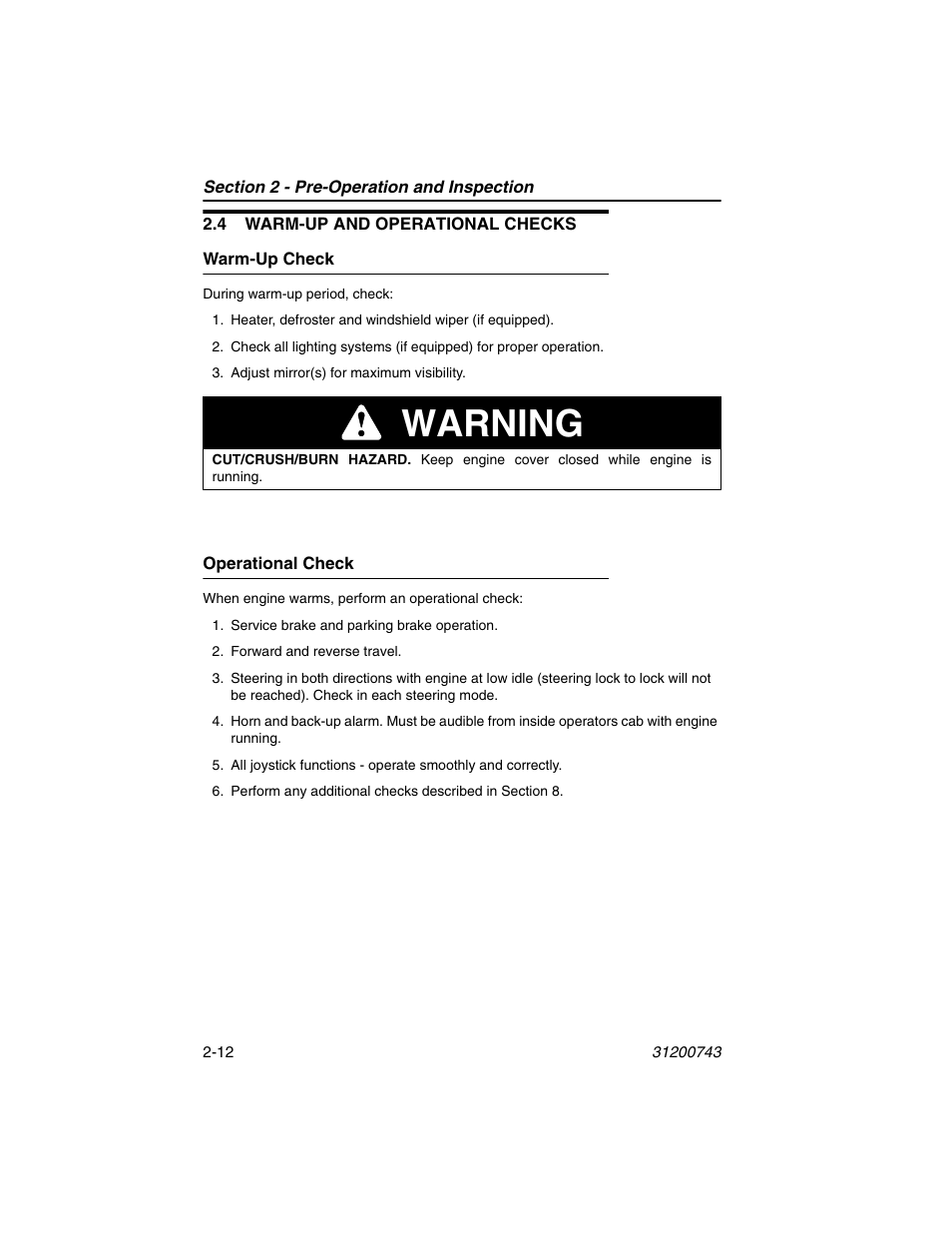 4 warm-up and operational checks, Warm-up check, Operational check | 4 warm-up and operational checks -12, Warm-up check -12 operational check -12, Warning | JLG 2505H Operator Manual User Manual | Page 36 / 148