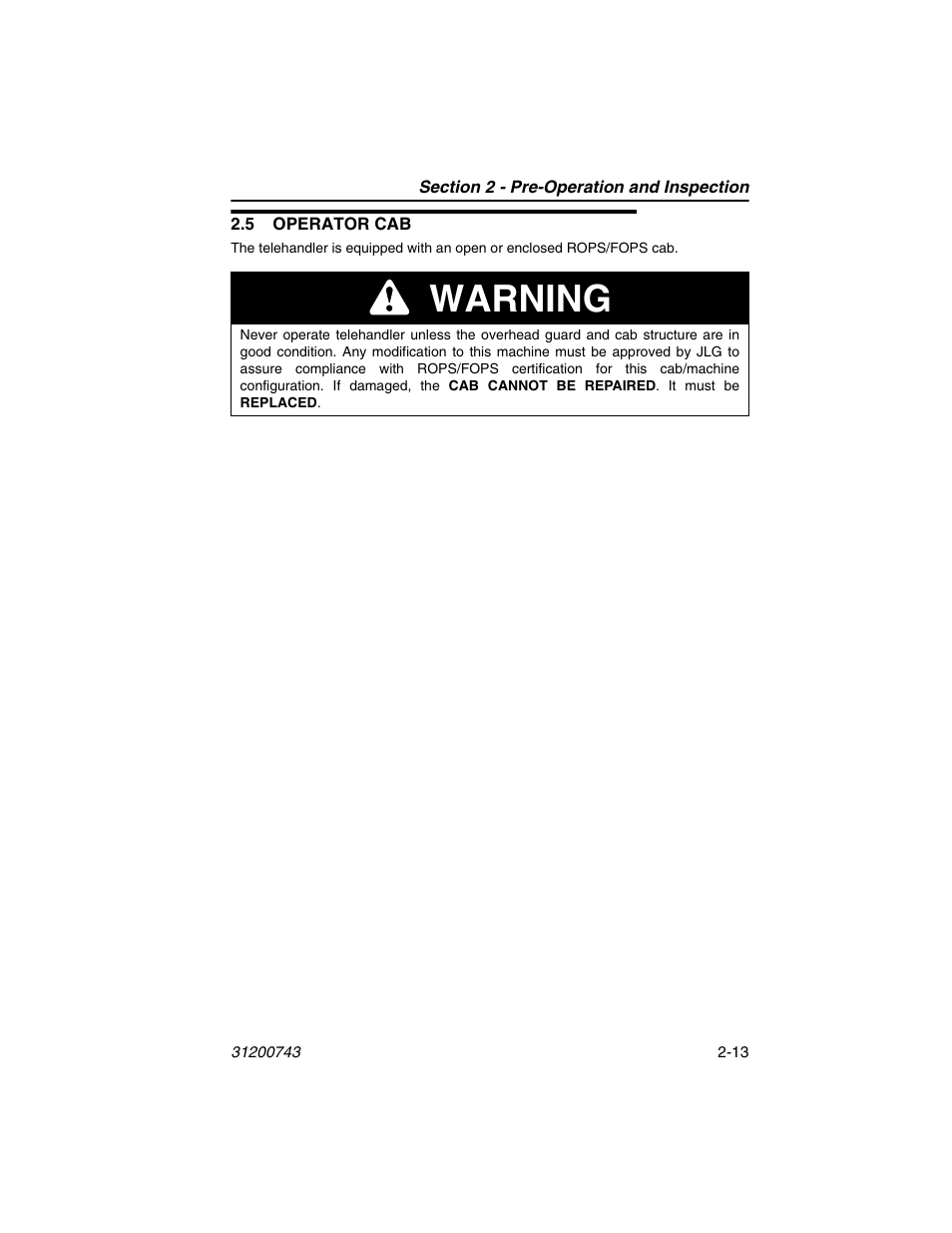 5 operator cab, 5 operator cab -13, Warning | JLG 2505H Operator Manual User Manual | Page 37 / 148