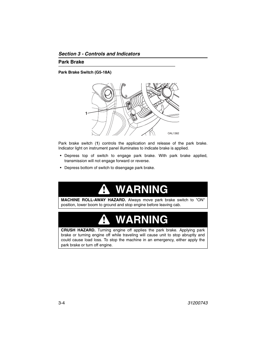 Park brake, Park brake -4, Warning | JLG 2505H Operator Manual User Manual | Page 44 / 148