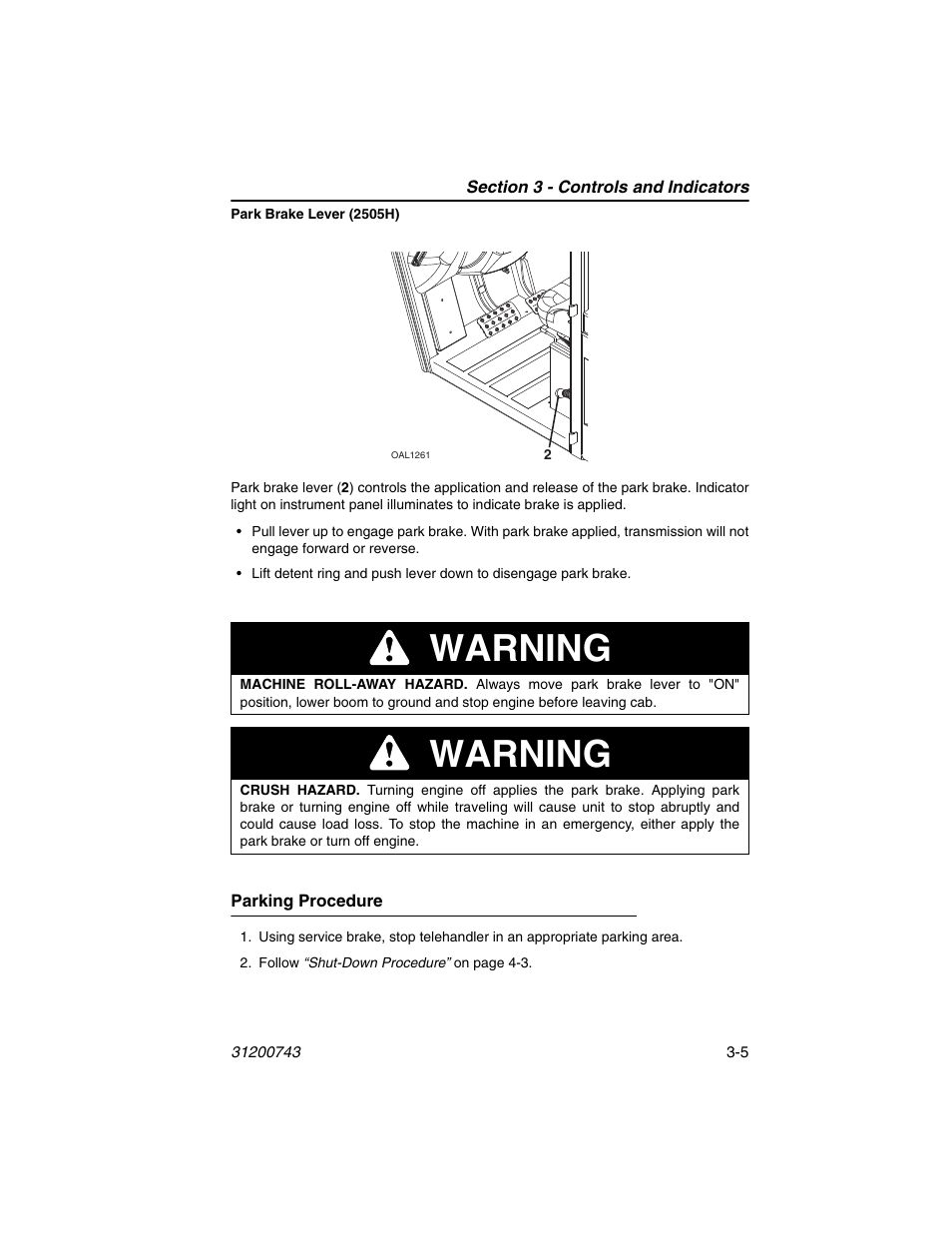 Parking procedure, Parking procedure -5, Warning | JLG 2505H Operator Manual User Manual | Page 45 / 148