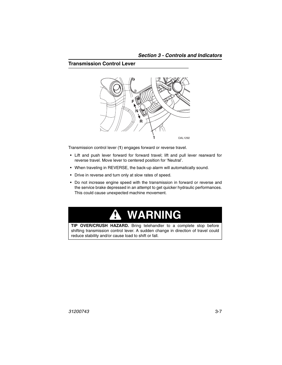 Transmission control lever, Transmission control lever -7, Warning | JLG 2505H Operator Manual User Manual | Page 47 / 148