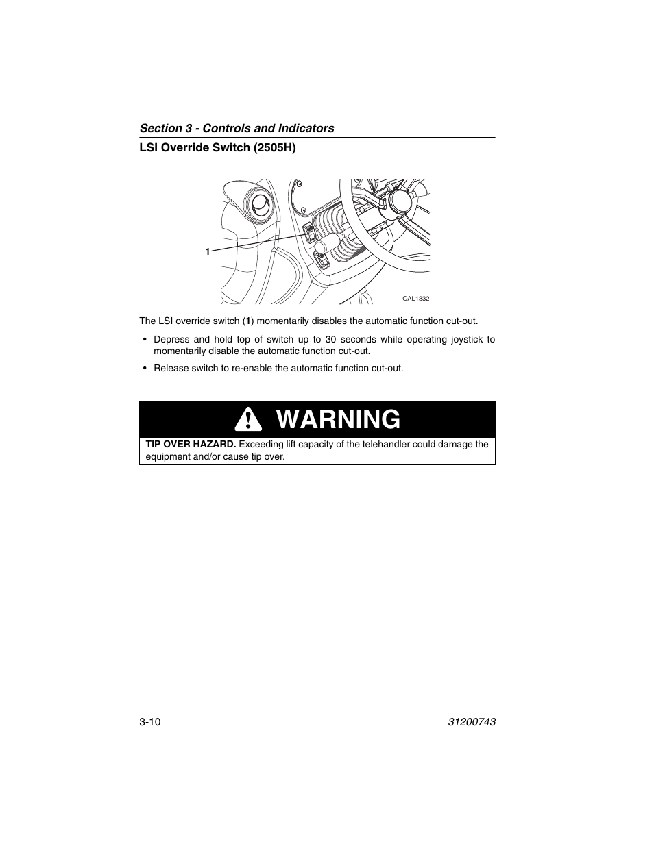 Lsi override switch (2505h), Lsi override switch (2505h) -10, Warning | JLG 2505H Operator Manual User Manual | Page 50 / 148