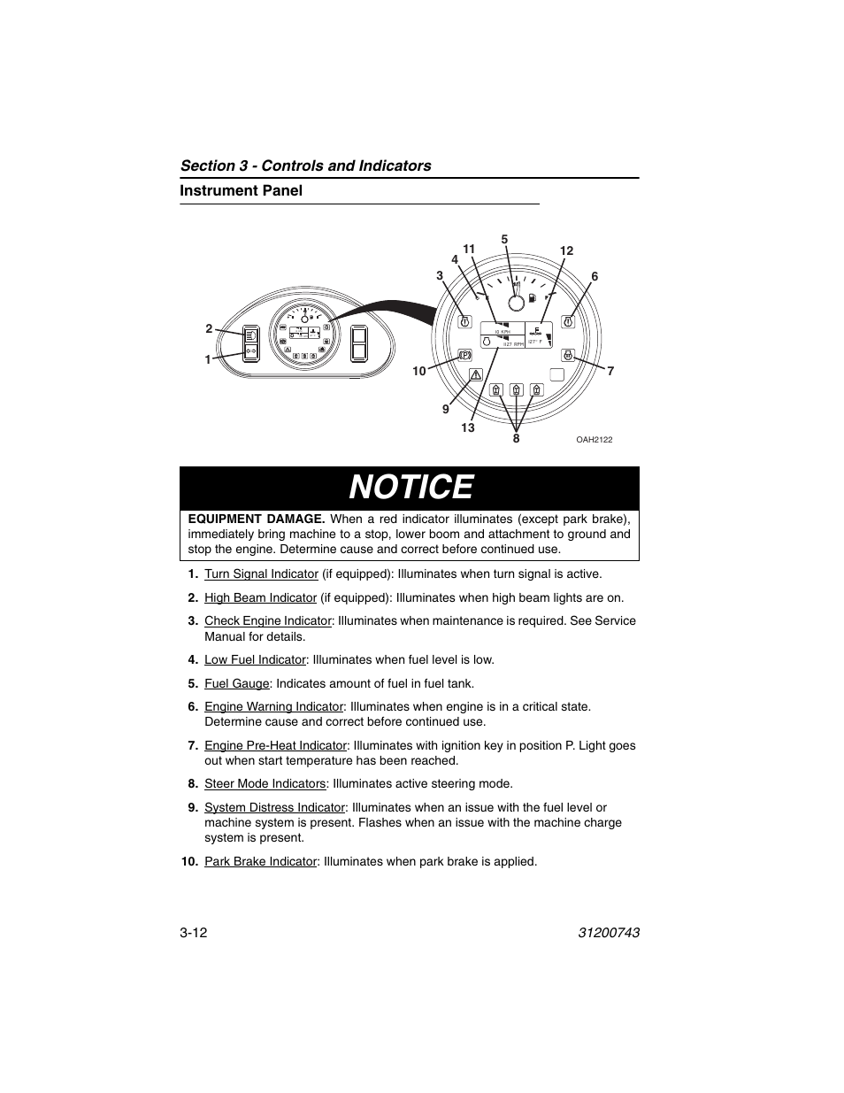 Instrument panel, Instrument panel -12, Notice | JLG 2505H Operator Manual User Manual | Page 52 / 148